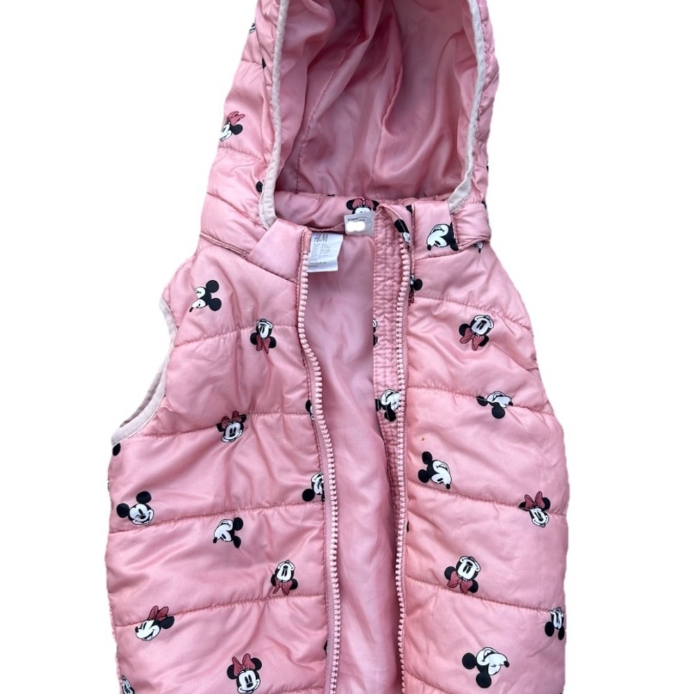 SIZE 12M - H&M Disney Kids Girls Mickey & Minnie Hooded Puffer Padded Vest Pink
